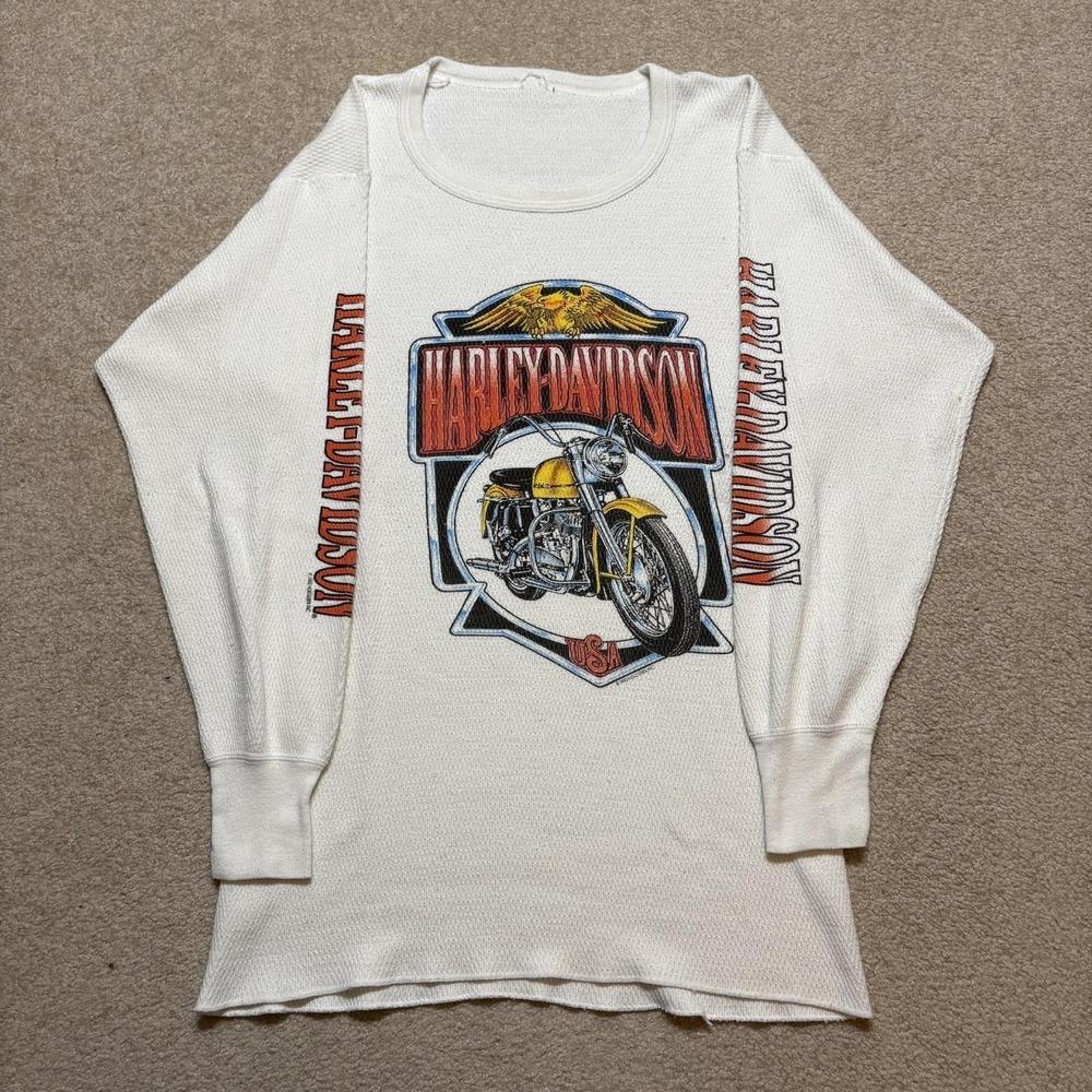Vtg Harley-Davidson Thermal Shirt Mens Small White Motorcycle Long Sleeve 90s US